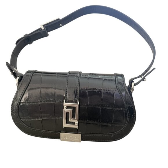 Versace 1010951 Crocodile-Embossed Black Leather Mini Bag - Picture 12 of 13